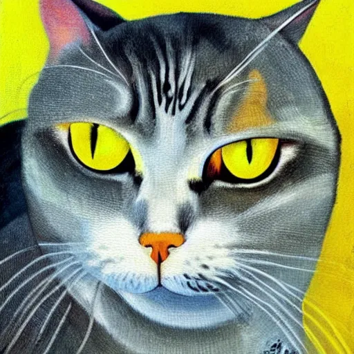 Prompt: A portrait of a grumpy seamese cat. Yellow gradient background. Oil painting by Salvador Dali