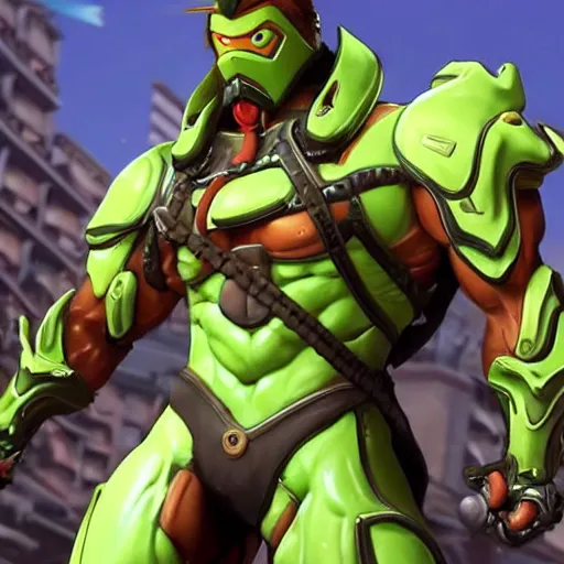 Image similar to a screenshot of arnold schwarzenegger as genji in overwatch, detailed, hyper realistic, award winning photo