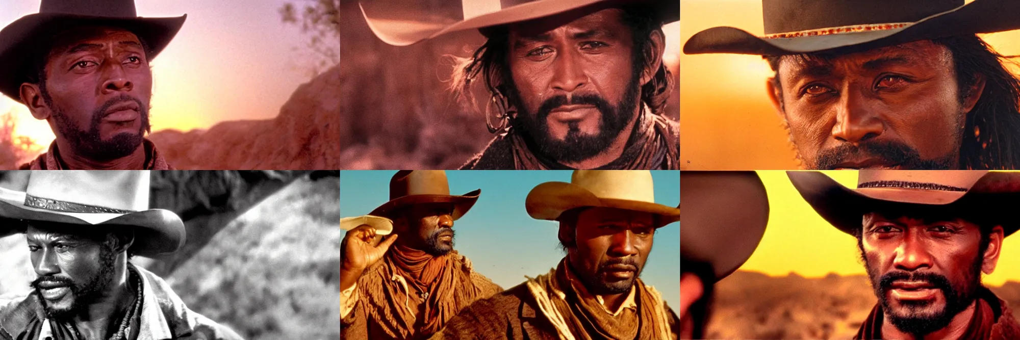 Prompt: medium shot of terence mkcenne as a cowboy in a western movie directed by sergio leone, sunset, promotional image, detailed face, movie still frame, frame 1 0 2 3 of 1 5 8 4 0 0, techniscope 3 5 mm film