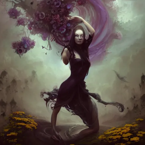 Prompt: A photorealistic rendering, full face and body portrait, long shot, pose, of a gothic goddess, swarming in flowers, magical. floating in a misty daze of the cosmos, flash bang, digital art by Pete Mohrbacher and Greg Rutkowski, Deviantart, Hemera, painting, photoshop, digitalart, digitalpainting, fantasy, goddess, light, photoshop, photoshoppainting