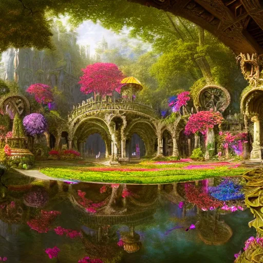 Prompt: a beautiful and highly detailed matte painting of a beautiful palace in a magical fantasy forest garden, colorful flowers, psychedelic patterns, epic scale, insanely complex, hyperdetailed, sharp focus, hyperrealism, artstation, cgsociety, 8 k, bright colors, by caspar friedrich, albert bierstadt, james gurney, brian froud,