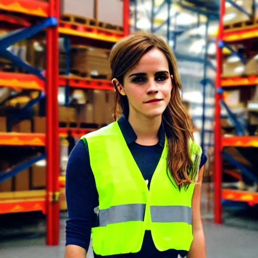 Image similar to photo, close up, emma watson in a hi vis vest, in warehouse, android cameraphone, candid photo 2 6 mm,