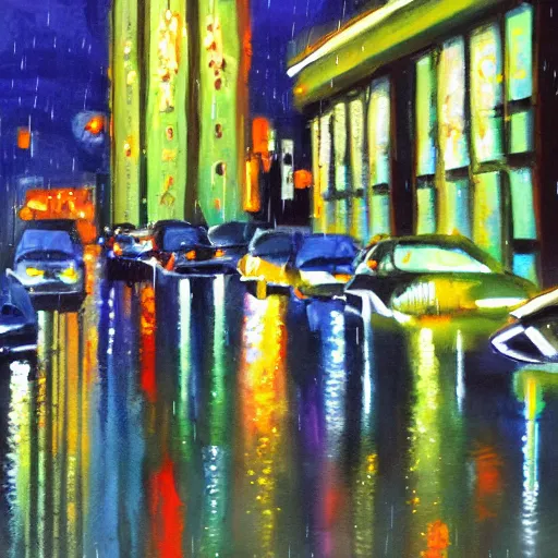 Prompt: rain city, night painting