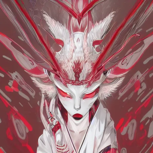 Prompt: albino kitsune maiko nekomimi, red and white neon, concept art, intricate details, highly professionally detailed, cgsociety, highly detailed -