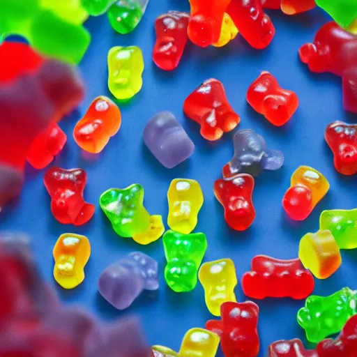 Image similar to Gummy Bear candies alive, caught on camera, lost footage, blurry, shouldn't be seen, backrooms