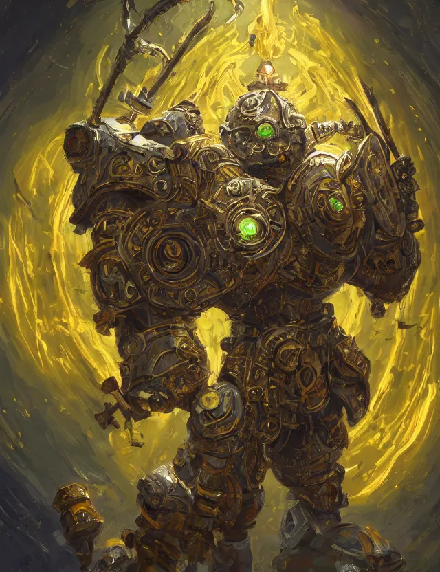 Image similar to full body, attack position abstract painting in lush fantasy environment of a intricate ornate holy mechanical warforged with circular glowing eye, character in yellow armor holding a legendary paladin engraved holy great longsword and carrying a huge heavy paladin shield, vertically flat head, face in focus, epic , trending on ArtStation, masterpiece, cinematic lighting, by Ross Tran and by Greg Rutkowski