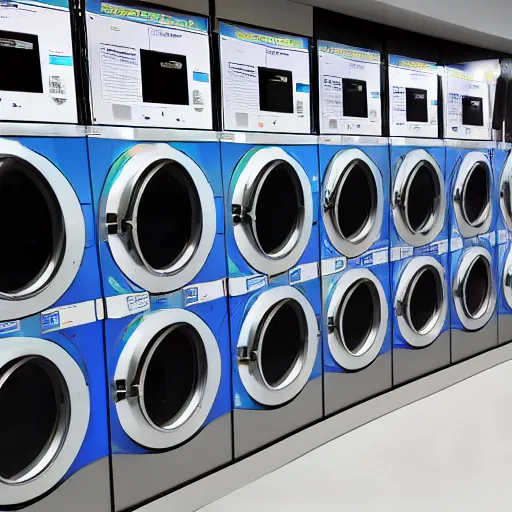 Prompt: a row of technocolored washing machines