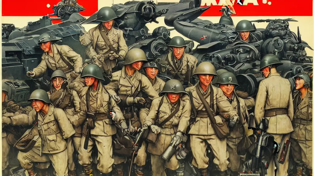 Image similar to America and Japan fight WWII with mechs, in the style of Norman Rockwell, sci-fi illustrations, propaganda poster, highly detailed, intricate, photorealistic, award-winning, patriotic, dark, gritty, oil painting