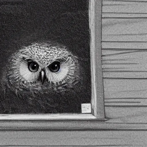 Image similar to a photo of the Duolingo owl peering into a window of a house on a dark and stormy night