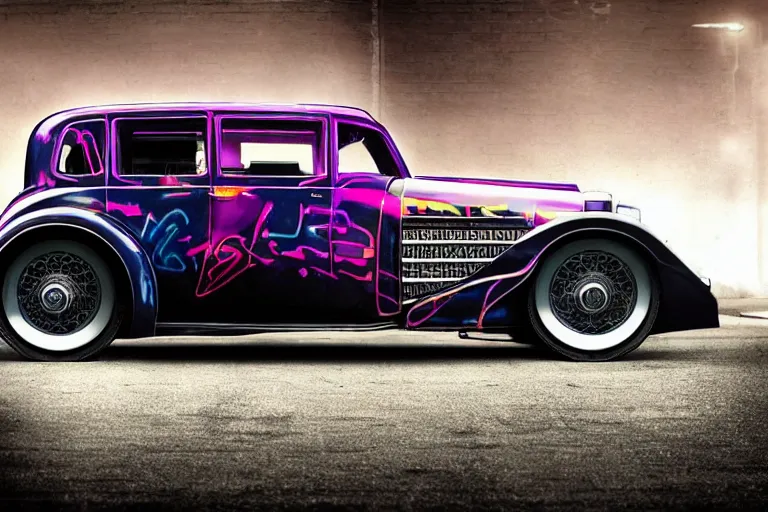 Image similar to full color photo of cyberpunk version of a 1 9 3 0 cadillac v 1 6, neon