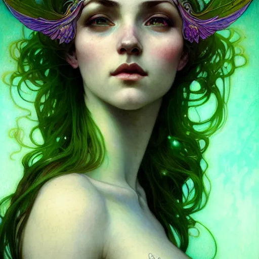 Image similar to Portrait of a girl with green hair and glowing halo and highly detailed intricate wings, art nouveau, fantasy, intricate, elegant, highly detailed, digital painting, artstation, concept art, smooth, sharp focus, illustration, art by Krenz Cushart and Artem Demura and alphonse mucha