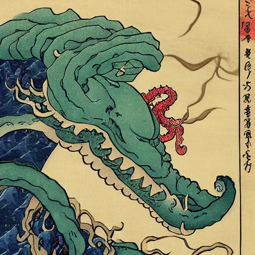 Prompt: ukiyo-e of Cthulhu rising from the depths