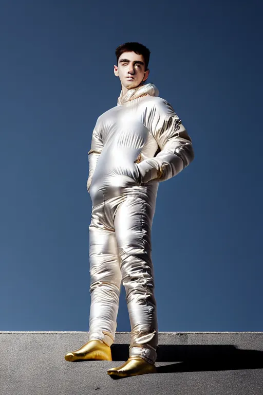 Image similar to un ultra high definition studio quality photographic art portrait of a young man standing on the rooftop of a british apartment building wearing soft baggy inflatable padded silver iridescent pearlescent clothing. three point light. extremely detailed. golden ratio, ray tracing, volumetric light, shallow depth of field. set dressed.