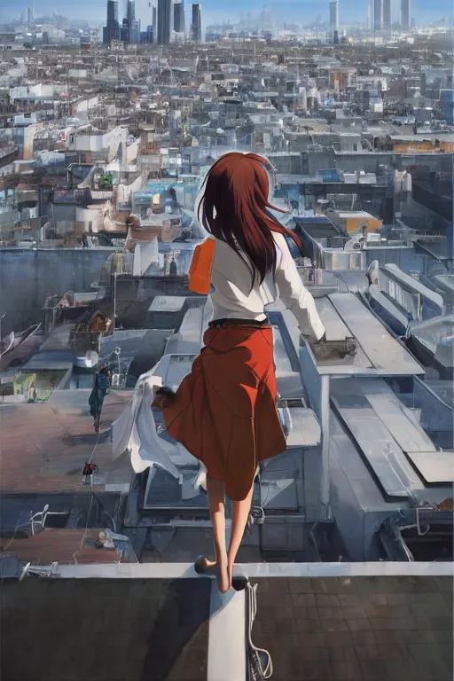 Prompt: A ultradetailed beautiful panting of a stylish woman standing on a rooftop, she is wearing streetwear, by Makoto Shinkai