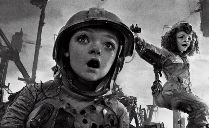 Image similar to a machine monster chases sadie sink dressed as a miner : a still from a scifi soviet cyberpunk film from 1 9 8 0 s. by steven spielberg and james cameron. 6 5 mm low grain film stock. sharp focus, realistic facial expression, perfect anatomy, cinematic atmosphere, detailed and intricate environment, trending on artstation