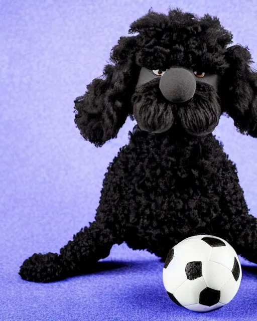 Prompt: a black poodle dog as a muppet playing soccer. highly detailed felt. hyper real photo. 4 k.