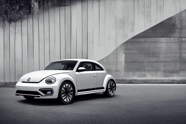 Prompt: Advertisement banner of the new electric Volkswagen Beetle 2023, silver chrome color, minimalist lines, gullwing side doors open!!! wooden interior, retro futuristic style!!!!! 4k,professional photograph, award winning advertising, creative