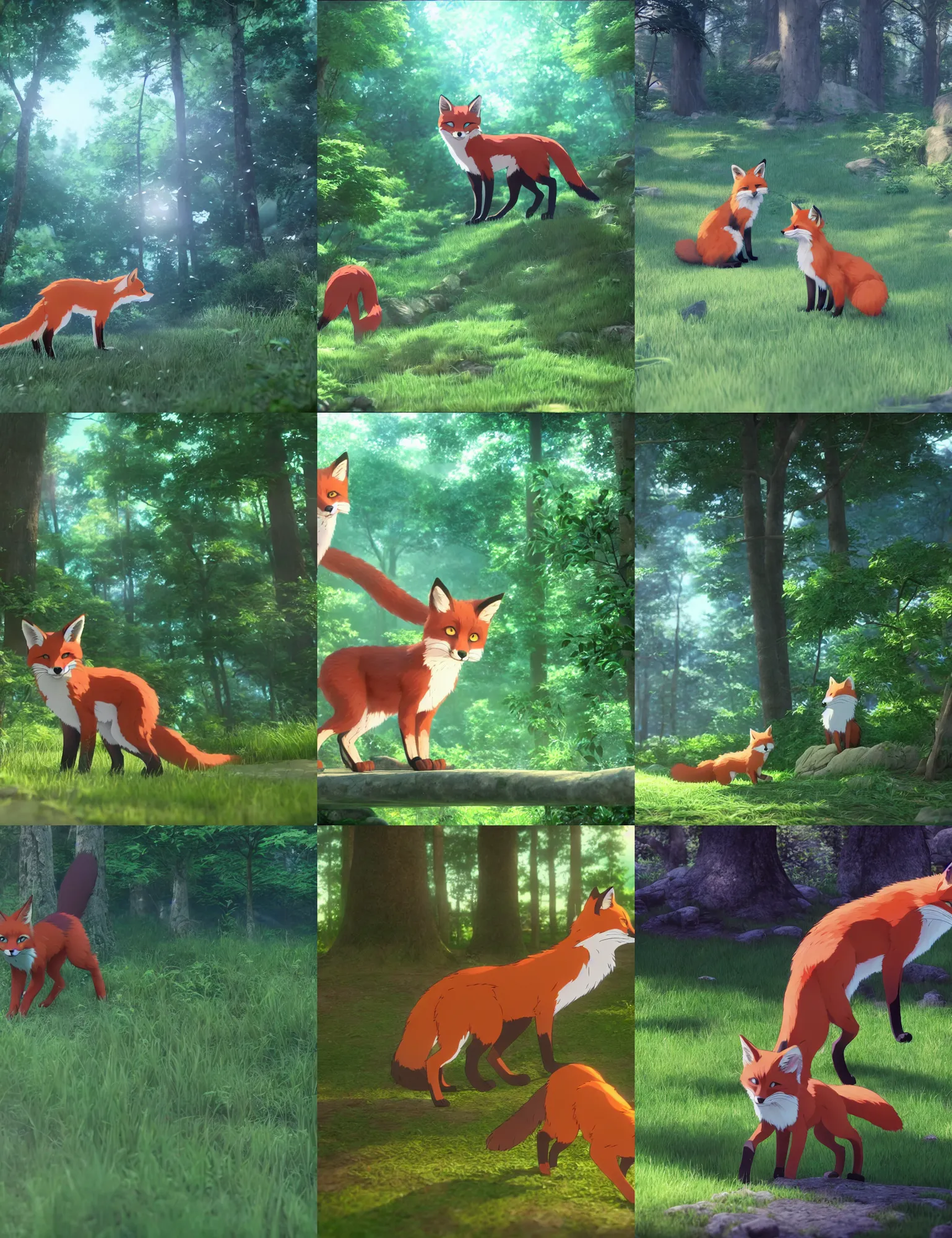 Prompt: fox cat hybrid play in forest, true colors, anime, makoto shinkai, ultra hd, ray tracing
