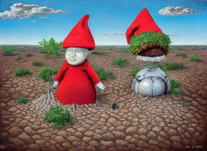 Image similar to a discarded half - buried garden gnome in a vast barren desert, an ultrafine detailed painting by mark ryden, trending on deviantart, pop surrealism, whimsical, lowbrow, perfect symmetrical face