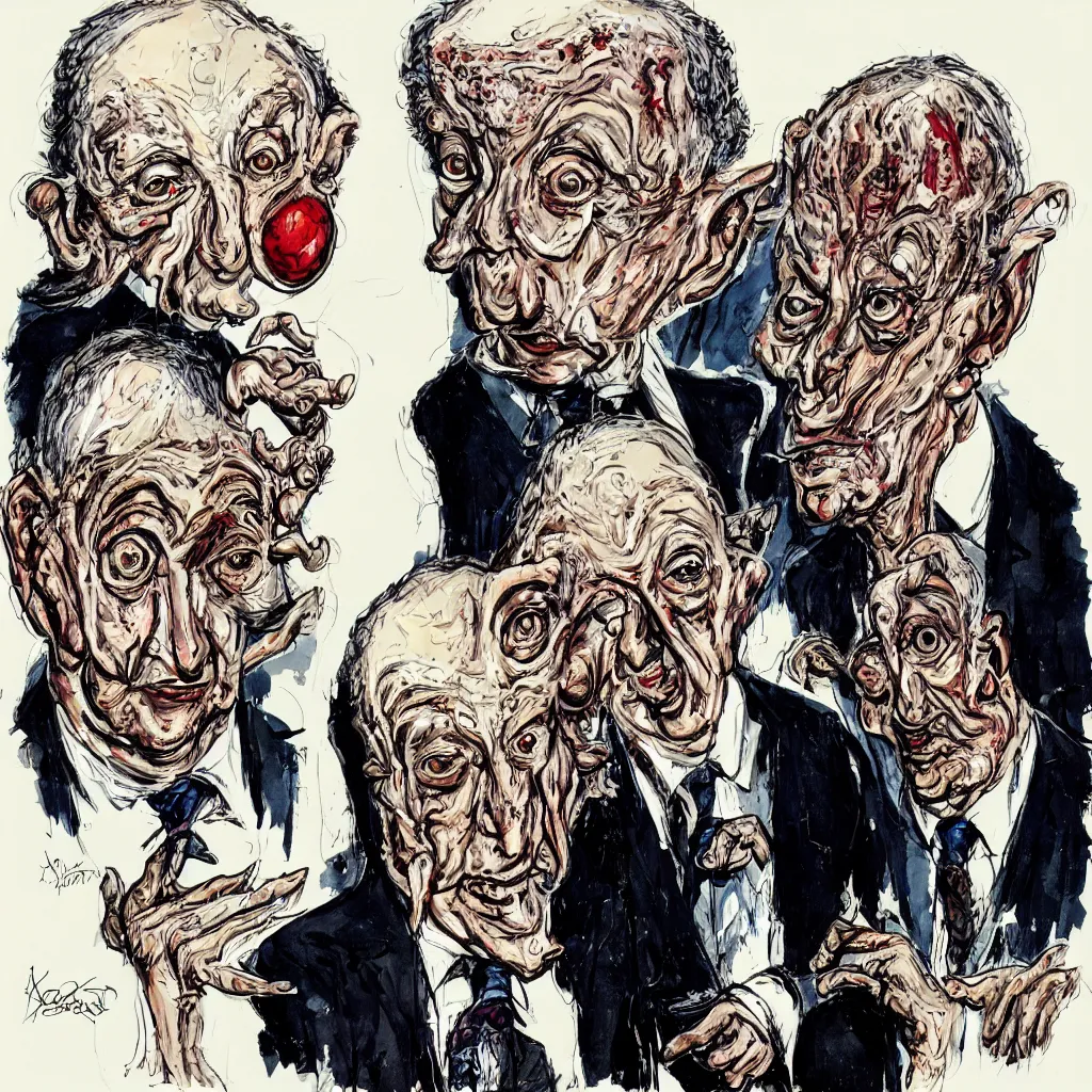 Image similar to Jacob Rothschild and george soros by Ralph Steadman, illustration, body horror, biopunk, 8k , trending on artstation