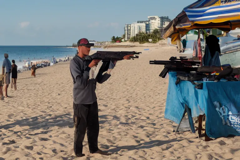 Prompt: photograhy of a guy selling guns in the beach, 4k