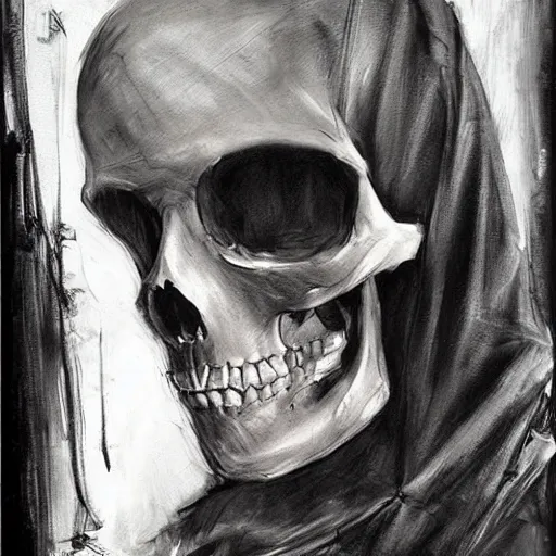 Image similar to a skeleton in black cloak by Guy Denning