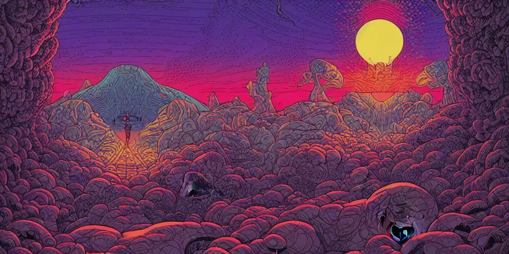 Prompt: The perfect dreamscape by Dan Mumford and Josan Gonzalez, death skull, sunset