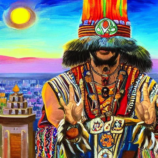 Image similar to DMT Aztec Priest performing a ritual at the top of a Aztec temple. Artwork by Afremov, Leonid