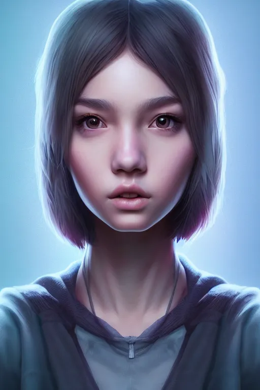 Image similar to very cute girl portrait, highly detailed eyes, intricate details, by artgerm, tooth wu, dan mumford, beeple, wlop, unreal engine 5 rendering