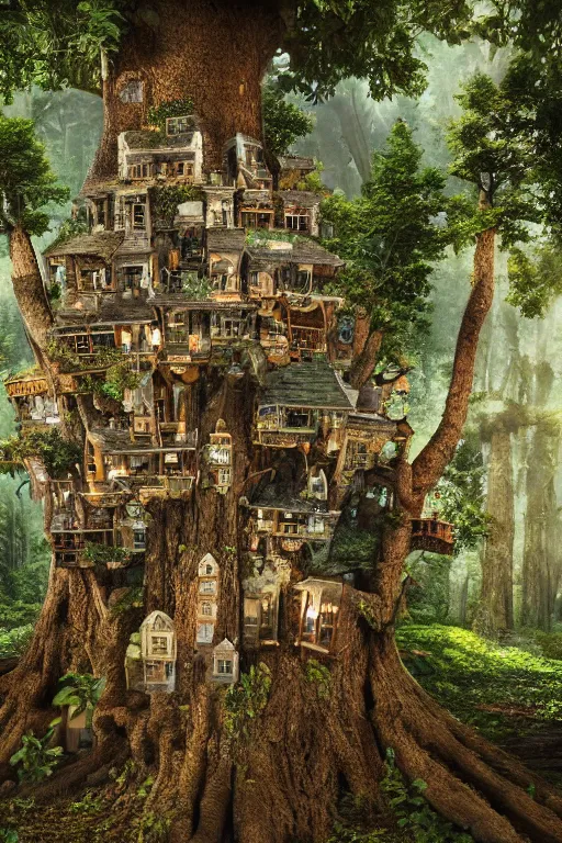 Prompt: a miniature city built into the trunk of a single colossal tree in the forest, with tiny people, lit windows, close - up, low angle, wide angle, awe - inspiring, highly detailed digital art