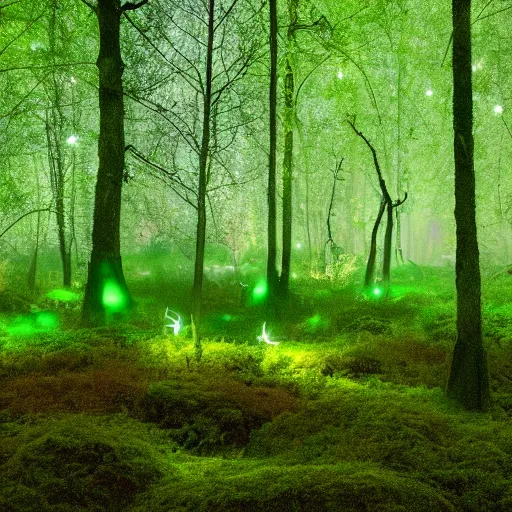 Image similar to a mystical forest, nighttime, glowing green jelly mushrooms, mossy, firefly trails