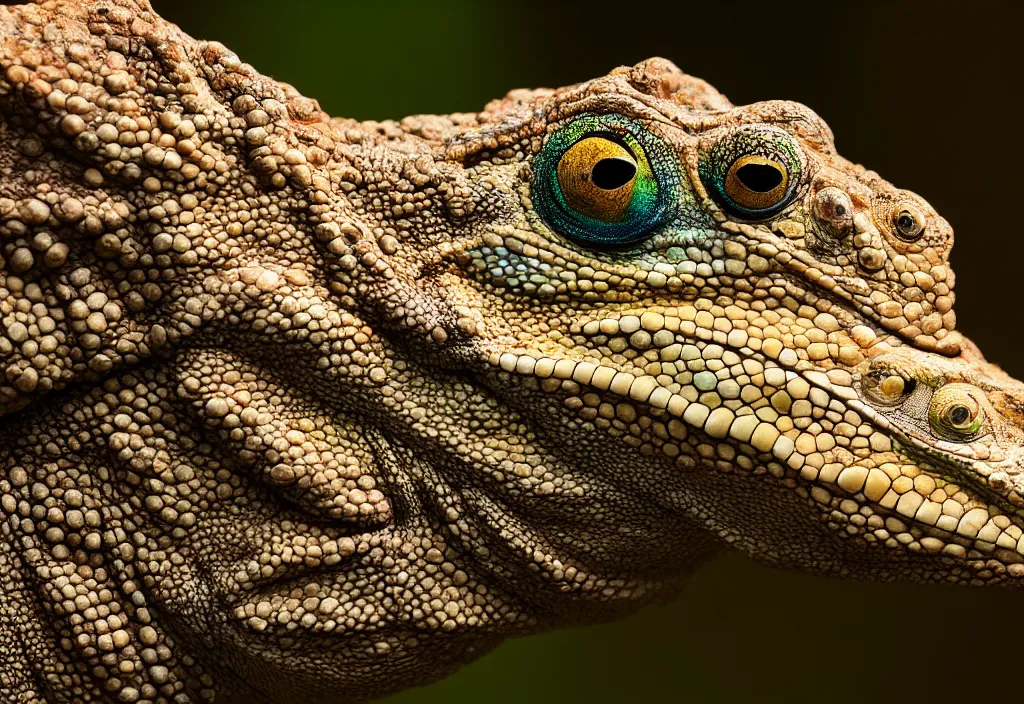 Prompt: An award winning photo of Tokay crocodile chameleon looking at the camera, environmental portrait, wildlife photography, National Geographic, 4k