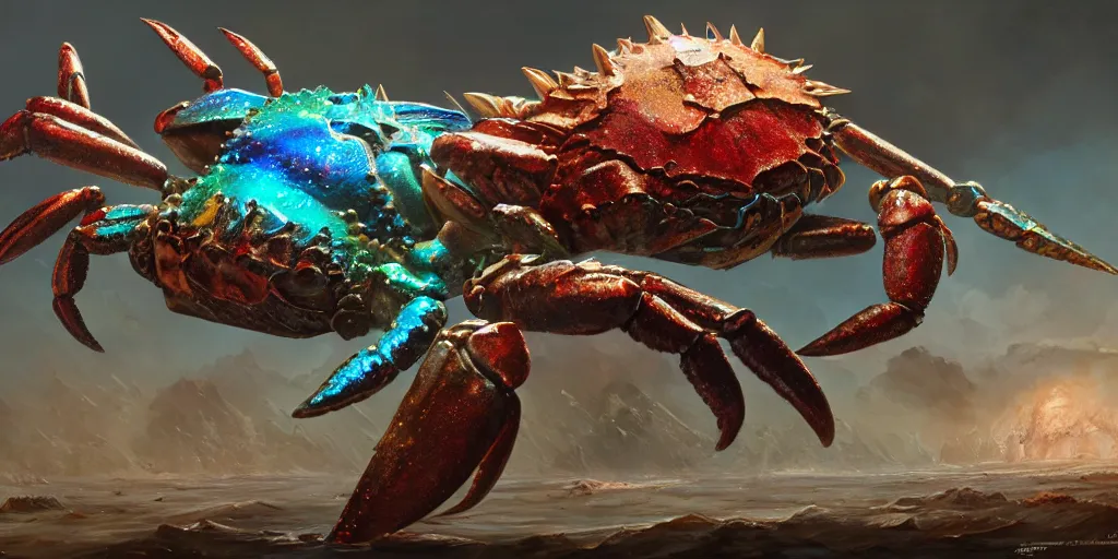 Image similar to Iridescent crab seamonster, character design sheet, Monster Hunter Illustrations art book, diamond sharp claws, huge arms, iridescent shards on its back, Moebius, Greg Rutkowski, Zabrocki, Karlkka, Jayison Devadas, Phuoc Quan, trending on Artstation, 8K, ultra wide angle, zenith view, pincushion lens effect.