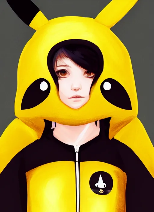 Image similar to a portrait of a girl in pikachu kigurumi, grim - lighting, high - contrast, intricate, elegant, highly detailed, digital painting, artstation, concept art, smooth, sharp focus, illustration