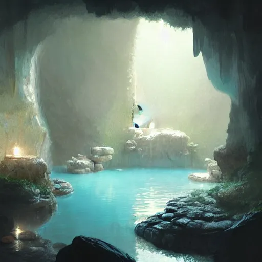 Image similar to cozy, empty hotspring hidden in a cave, candlelight, towels, cushions, natural light, lush plants and flowers, elegant, smooth cave rock, fantasy, atmospheric lighting, digital painting, Greg Rutkowski concept art