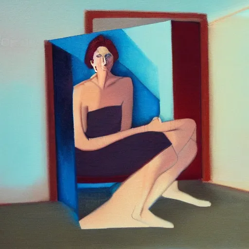 Image similar to cd reflection describing woman in colored shadow in a small with room, details, studio lighting, realism, complex lights