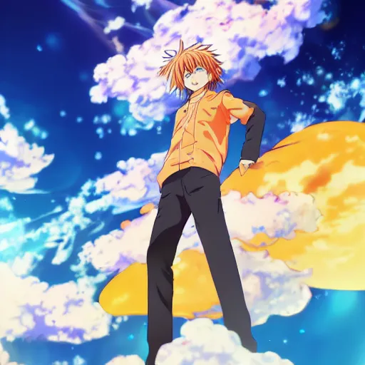 Prompt: anime key visual of a man walking on clouds with an orange longsleeve, official media, trending on artstation, in the style of takashi murakami