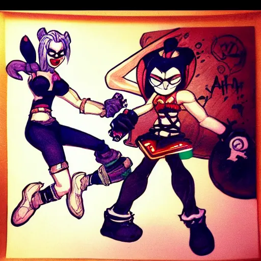 Image similar to Harley Quinn as a skullgirls character, fighting ryu from street fighter, hand drawn, highly detailed