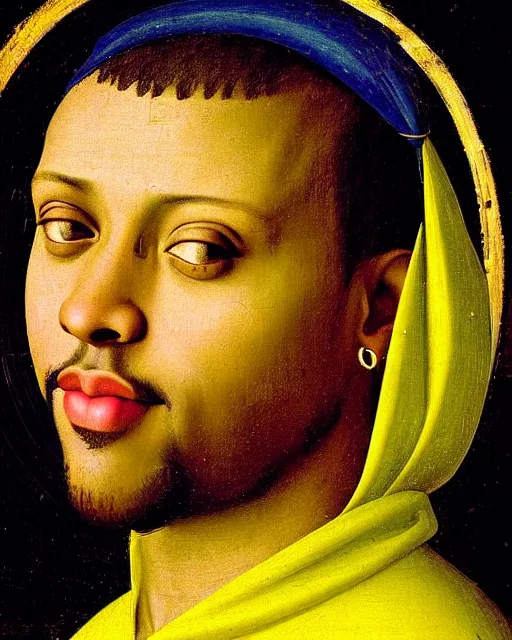 Image similar to rapper juice wrld legend rockstar smiling with a yellow halo above his head by fra angelico renaissance painting