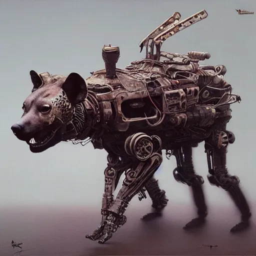 Prompt: hyena robot, cyberpunk, highly detailed quadrupedal cyborg, beksinski style, very detailed painting