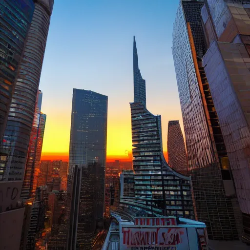 Prompt: Wide angle lens photograph of the tallest bookstore in the world at sunset