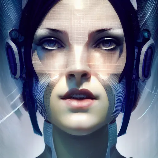 Image similar to avatar portrait of a cyberpunk art deco girl with a vectot grid of light falling on her face, sci-fi, intricate lighting, elegant noir, highly detailed, digital painting, studio portrait, artstation, sharp focus, photo by artgerm and greg rutkowski and Charlie Bowater, subsurface scattering