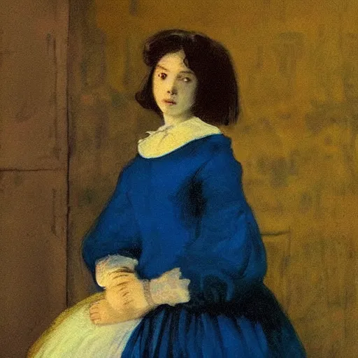 Image similar to an elegant girl in a liminal abandoned room, blue and gold, old polaroid by goya, by velazquez, digital painting, jugendstil, art noveau, strong lights, flat colors, pastel colors, highly detailed,