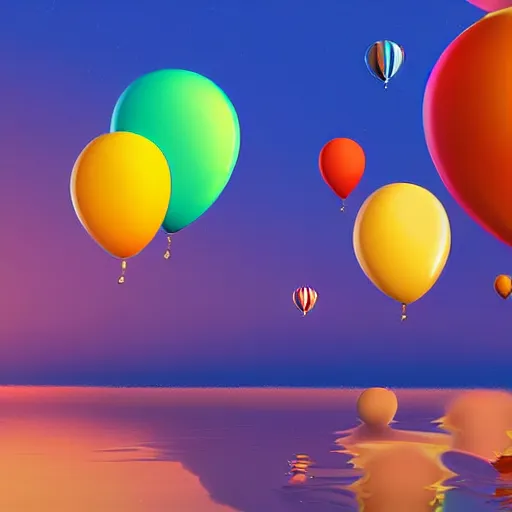 Image similar to digital art of plenty of birthday balloons floating above a beautiful sea. artstation cgsociety masterpiece