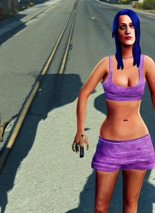 Image similar to full-body portrait of homeless Katy Perry, in GTA V, Stephen Bliss