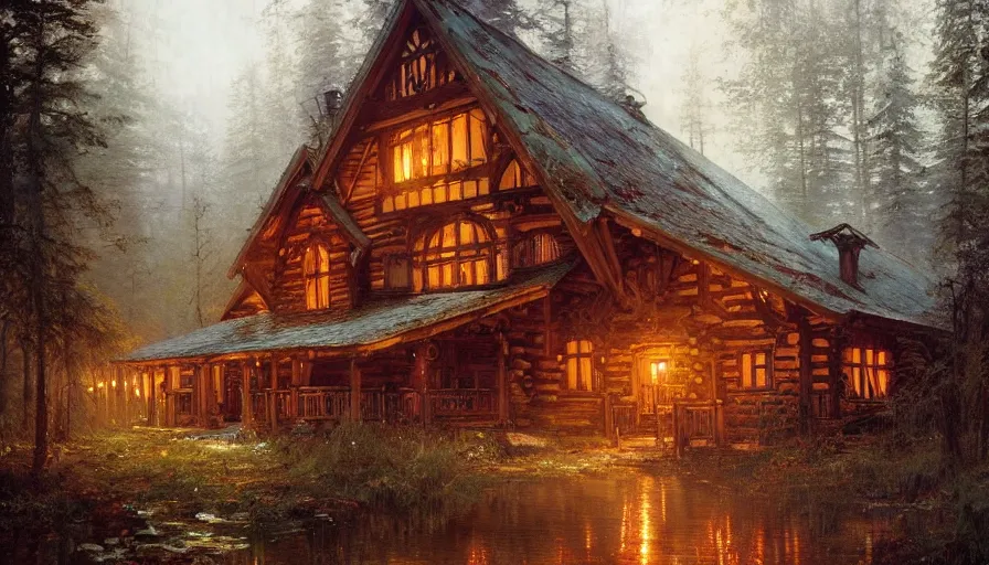 Image similar to a beautiful intricate painting of a log cabin in a dark evil fantasy forest, reflections, very high details by william turner art, greg rutkowski and alphonse mucha, trending on artstation, very very detailed, masterpiece,