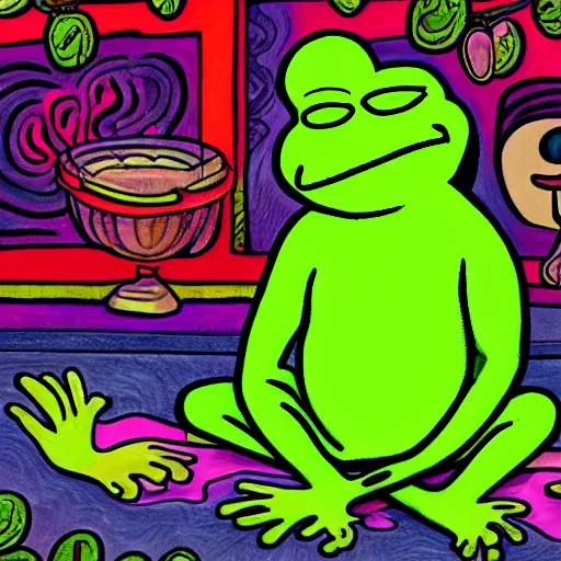 Image similar to a meditating pepe the frog by matt furie