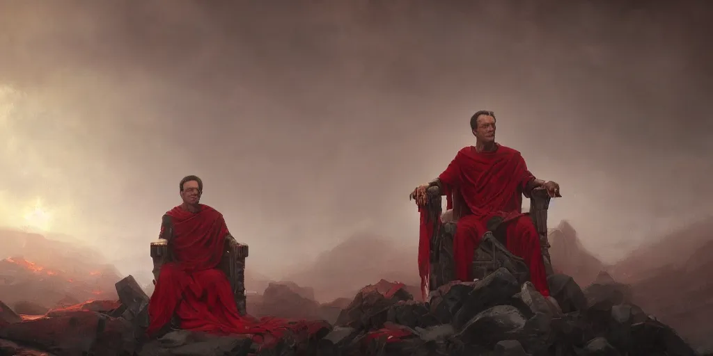 Prompt: the end is near. a tired julius caesar is sitting on his throne. face is highly detailed. splices of red are running down his toga. mist. color scheme red. low angle close shot. atmospheric. global illumination. unreal engine render. imagined by jeremy lipking