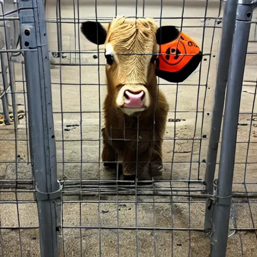 Image similar to cute calf dressed as an inmate behind bars