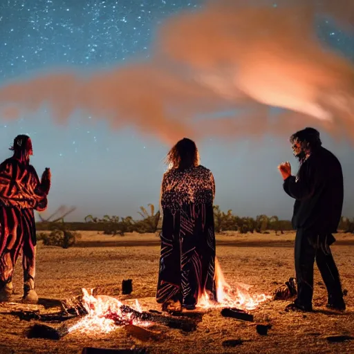 Image similar to photograph of three ravers, two men, one woman, woman is in a trenchcoat, blessing the soil at night, seen from behind, talking around a fire, two aboriginal elders, dancefloor kismet, diverse costumes, clean composition, desert transition area, bonfire, starry night, australian desert, xf iq 4, symmetry, sony a 7 r